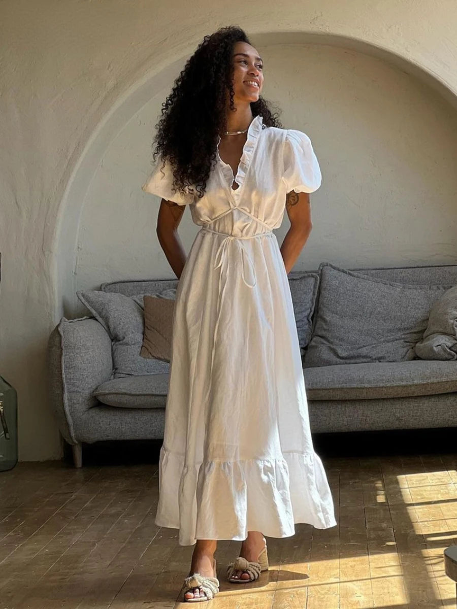 Aiertu  -  Summer Loose White Cotton 2 Piece Sets Women Outfit Fashion Short Sleeve Shirt  High Waist Pleated Long Skirts Set Aiertu