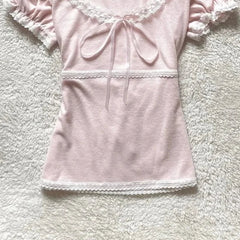 Aiertu  -  Kawaii Pink T Shirt Women Japanese Cute Bow Lace Up Tops Summer Y2K Korean Fashion Lace Patchwork Puff Short Sleeve Tees Aiertu