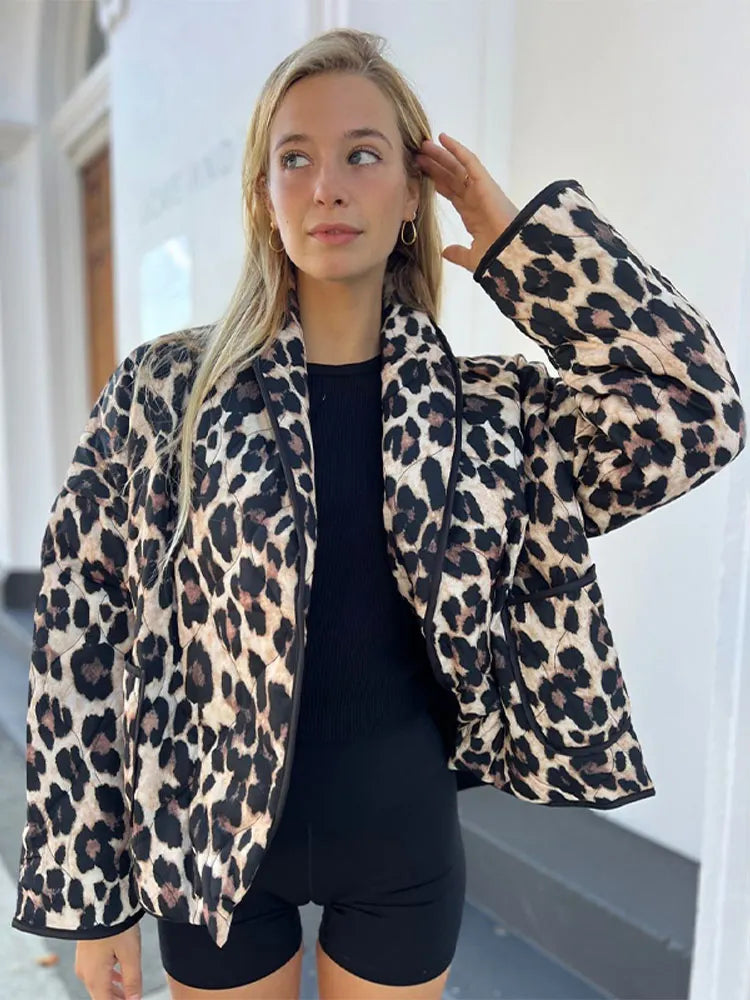 Aiertu  -  Women Casual Leopard Printed Cotton Jacket Fashion Lapel Long Sleeved With Pockets Cardigan 2026 Autumn Winter Lady Chic Coats Aiertu