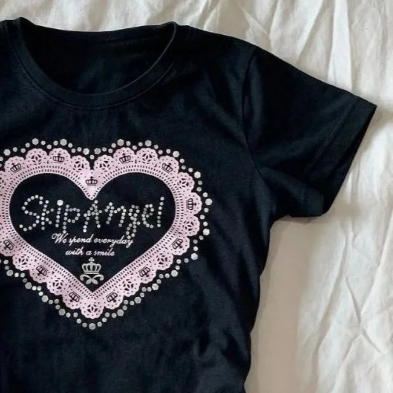Aiertu  -  Y2k Aesthetic Love Letter Printing Tops 2025 Summer Women Streetwear Black T-shirts Harajuku Casual Slim Fit Grunge Fairy Tees Aiertu