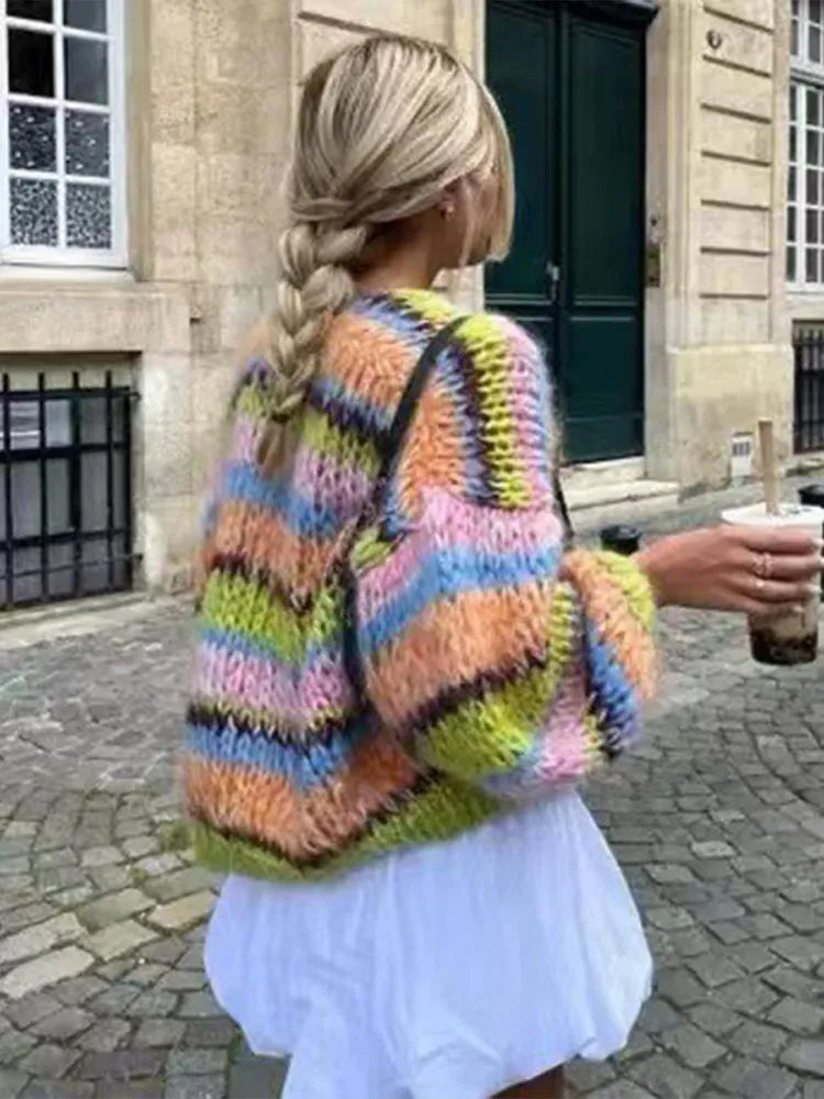 Aiertu  -  Women Rainbow Striped Loose Knitted Cardigans Fashion Long Sleeved Casual Cropped Sweaters Autumn Female Street Outwear 2026 Aiertu