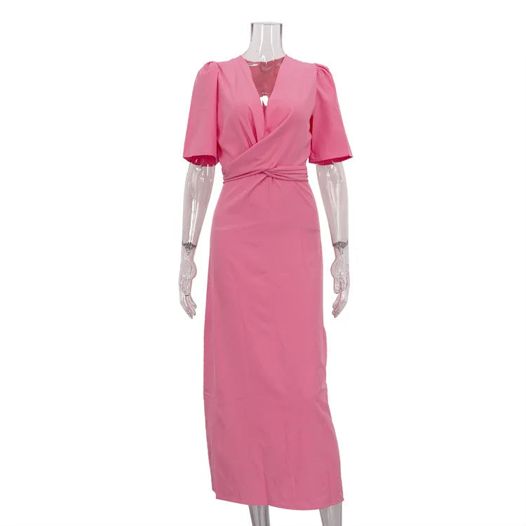 Aiertu  -  Pink Sweet Sexy Midi Dresses For Women Summer V Neck Short Sleeve Cross Bandage Long Dress Elegant Fashion A-line Vestidos Femme Aiertu