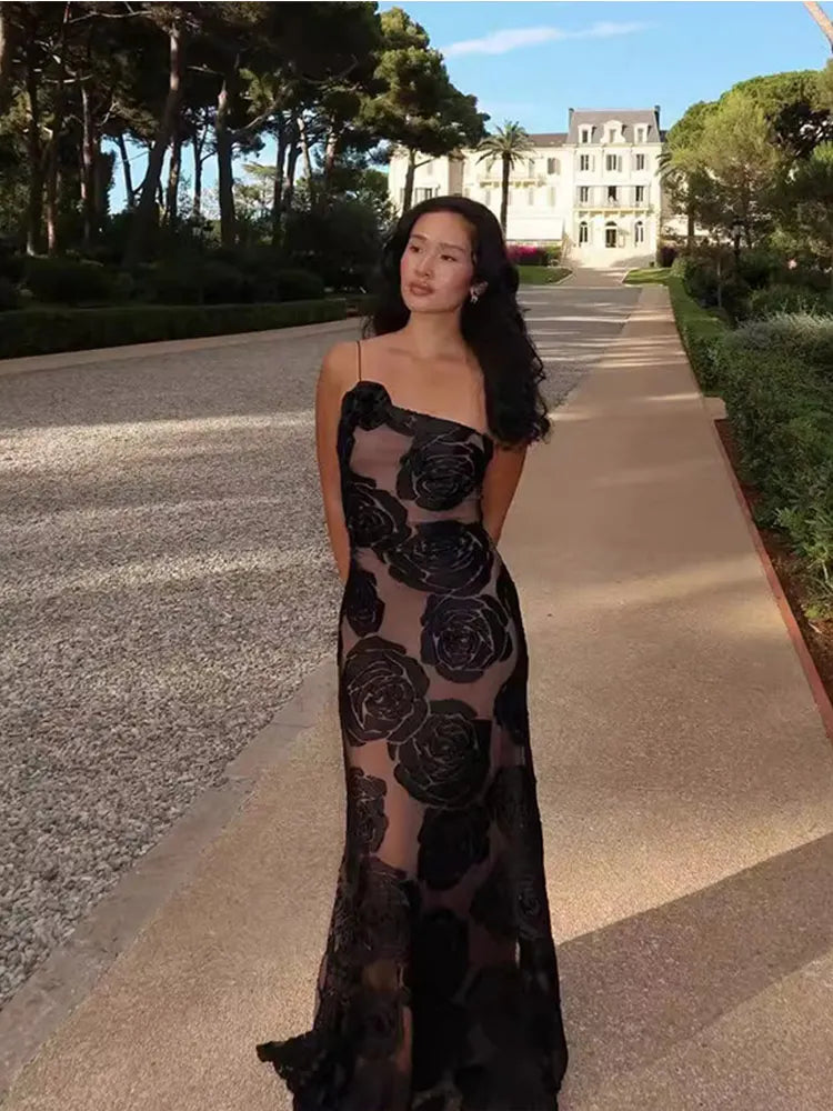 Aiertu  -  Black Rose Printed See Through Slim Long Dress Women Sexy Irregular Spaghetti Sleeveless Backless Vestidos Elegant Party Robe Aiertu