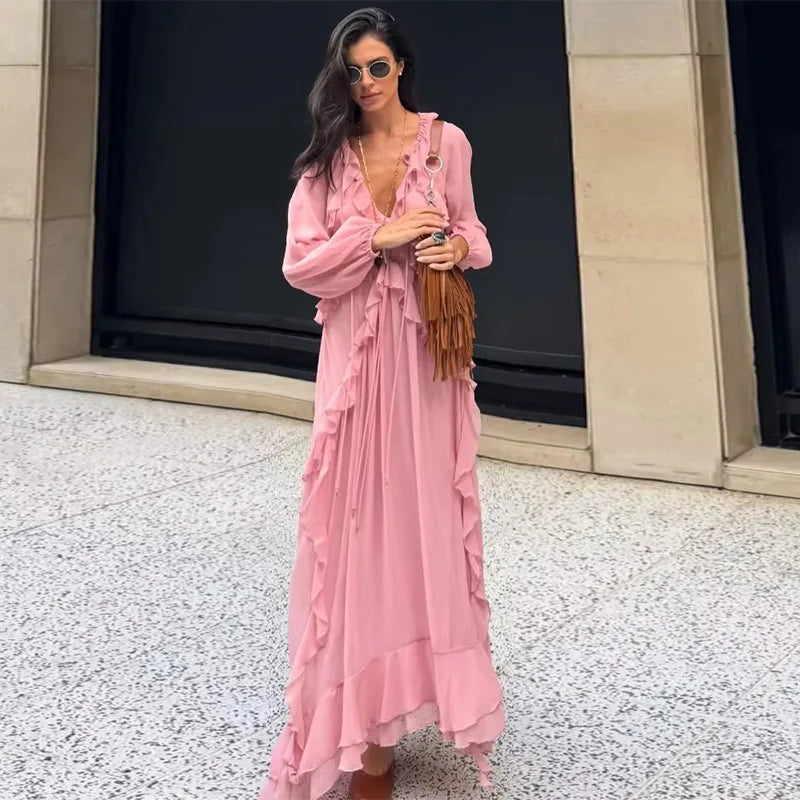 Aiertu  -  Ruffle Lace Deep V-neck Big Swing Long Dress Women Elegant Drawstring High Waist Long Flare Sleeve Holiday Pleated Lady Dresses Aiertu