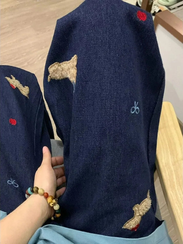 Aiertu  Y2k Aesthetic Streetwear High Waist Wide Leg Pants Women American Retro Kawaii Cuteore Cartoon Embroidery Jeans Aiertu