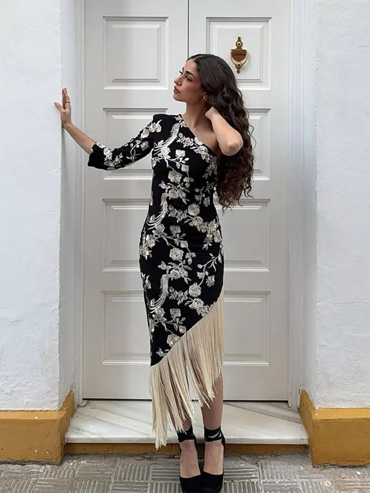 Aiertu  -  Slanted Shoulder Tassel Dress Embroidered Printed Half Sleeves Fringed Slim Fit Waist Cinching Women Long Dresses Fashion Robes Aiertu
