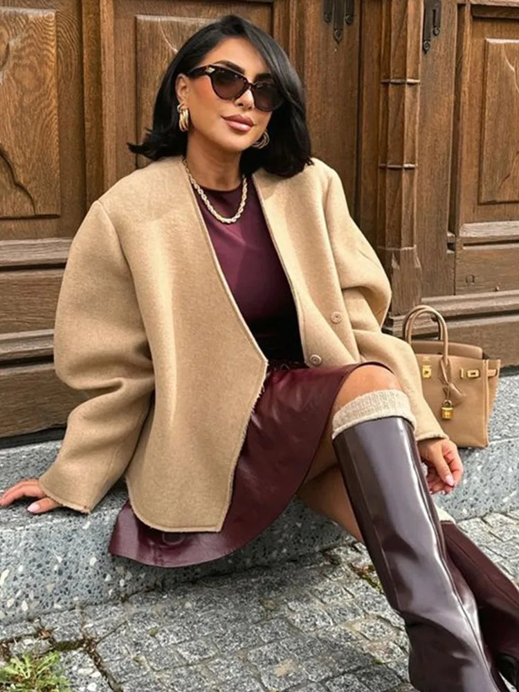 Aiertu  -  casual winter outfits Elegant Solid Single Breasted Women Coat Full Sleeve Loose Lady Jacket 2024 Fashion Winter Highstreet Autumn V Neck Lady Outwear Aiertu