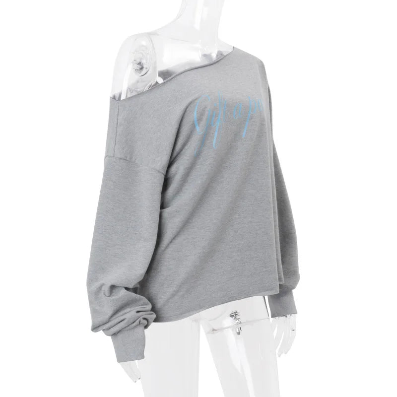 Aiertu  Letter Print Long Sleeve Skew Collar Loose Casual Irregular T-Shirt Fashion Vintage Tops Autumn Streetwear Sweatshirt Aiertu