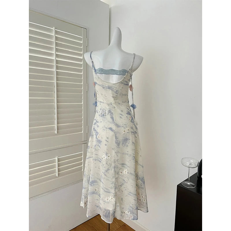 Aiertu  -  Fairy Print Midi Dress Women Fashion Elegant Vacation Floral Spaghetti Strap Dresses Summer Korean Sexy Bodycon Vestidos Aiertu