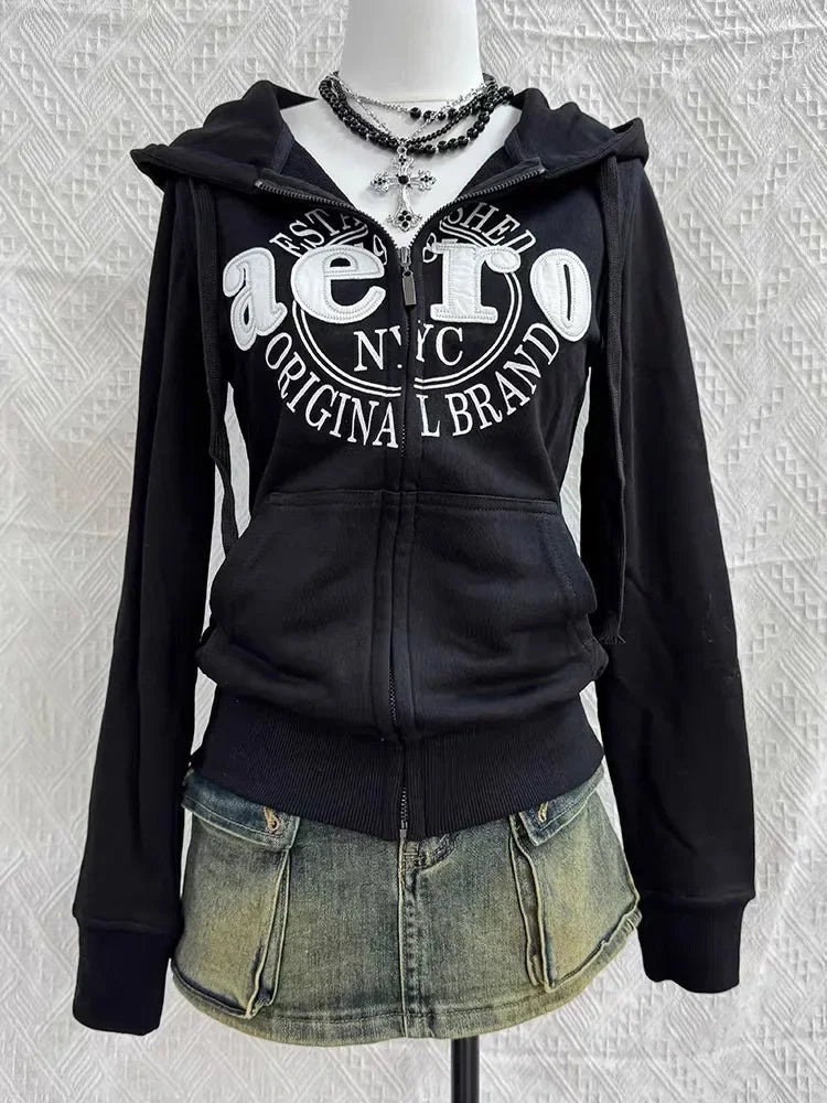 Aiertu  -  Autumn New Y2k Street Letter Embroidered Zipper Hoodie Punk Retro Casual Harajuku Daily Slim Clothes Sports Couple Jacket Aiertu