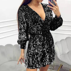 Aiertu  -  Sexy Deep V-neck Long Sleeve Mini Dress Women Fashion Shiny Sequins Lace-up A-Line Dress Fashion Hight Waist Club Party Dresses Aiertu