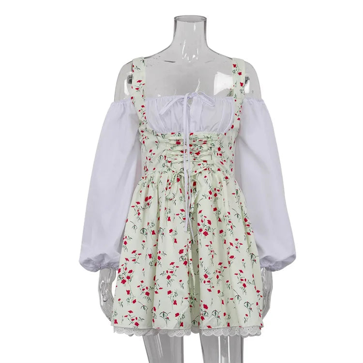 Aiertu  -  Puff Sleeve Suspender Dress Women Fake Two Pieces Flower Strapless Ruffles Splice Long Sleeve Lace Up Party Dress Summer Aiertu