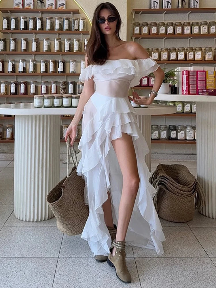 Aiertu  -  Chic Ruffle Backless Dress Women Slash Neck Sleeveless Lace Up Irregular Hem Floor-length Dresses Female 2025 Spring Lady Robe Aiertu