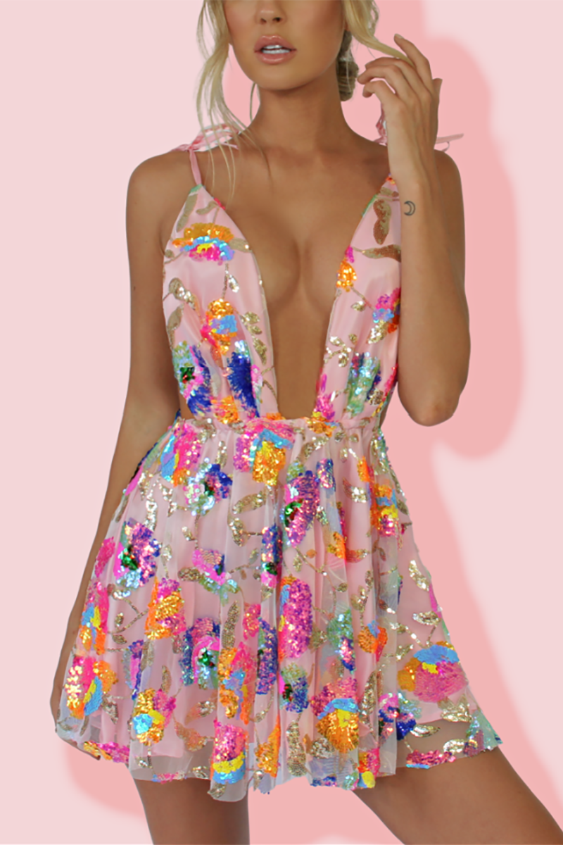 Aiertu  Rainbow Sequin Open Back Slip Mini Dress Aiertu