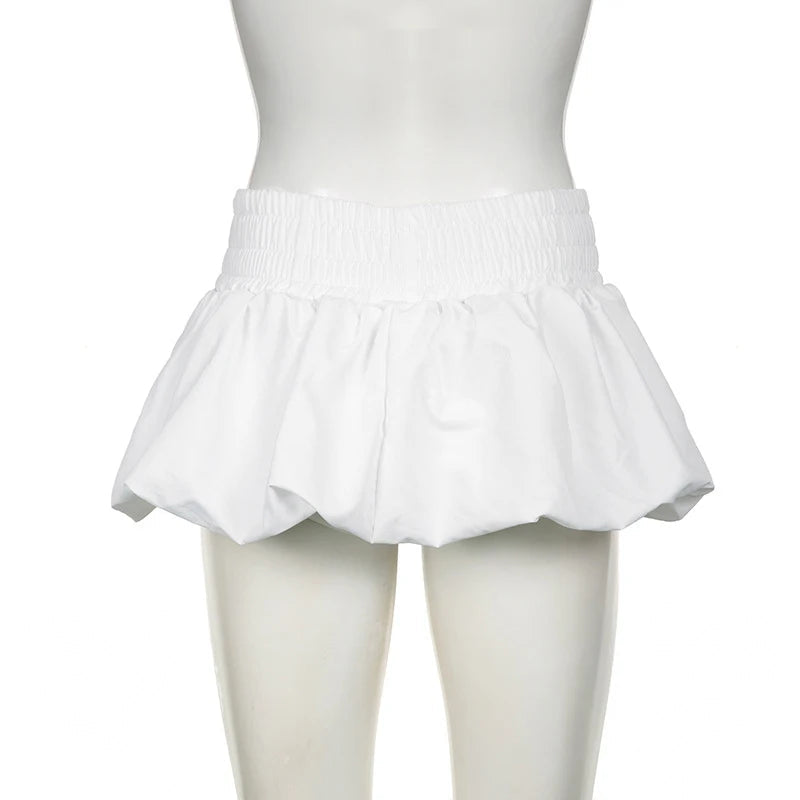 Aiertu  -  Sweet Girls Bud Mini Skirts Elastic Low Waist Pleated Solid White Summer Puffball Hem Lantern Bud Skirt Chic Casual Outfits Aiertu