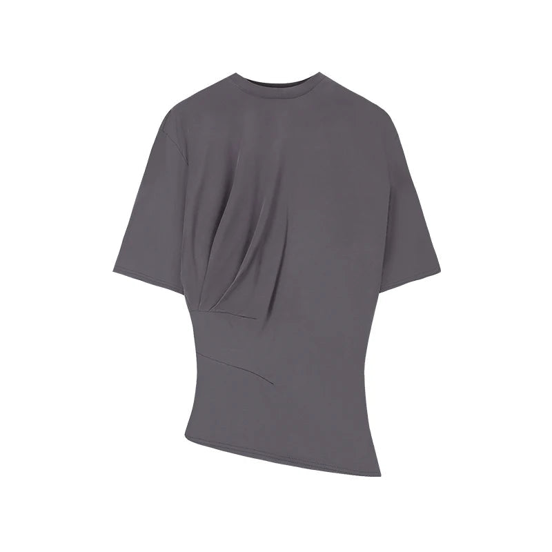 Aiertu  -  O-neck Pleated Asymmetric Casual Short-sleeved T-shirt Women 2026 Summer New High Street Fashion Solid Color All Match Tops Aiertu