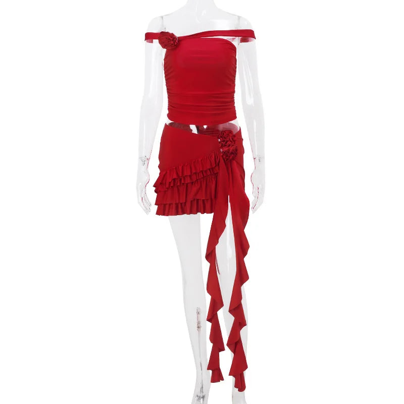 Aiertu  -   Floral Applique Ruched Ruffle Detail 2 Piece Sets Club Outfits for Women Sexy Top and Skirt Coquette Matching Sets Aiertu