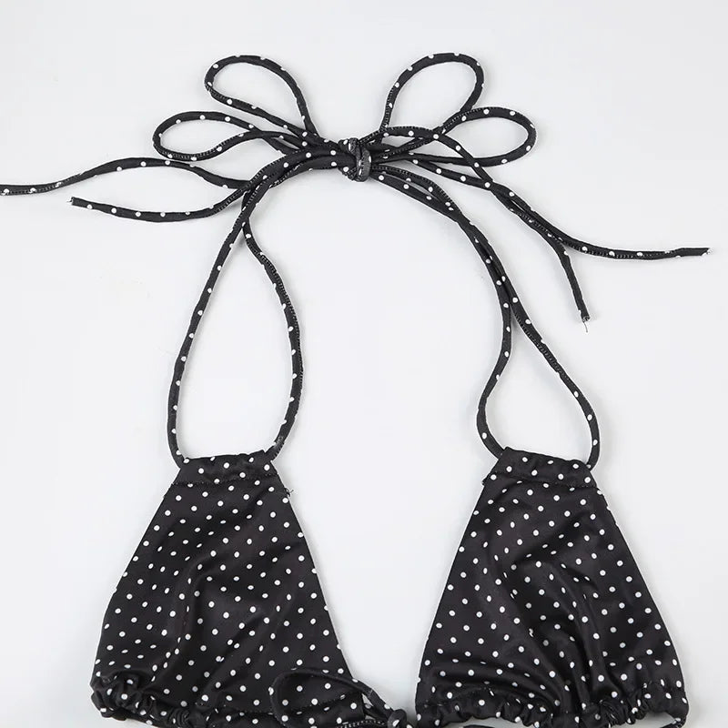 Aiertu  -  Summer Vacation Beach 2 Piece Set Women Sexy Polka Dots Print Lace Up Halter Bra + Ruffles Micro Mini Skirts Swimsuit Aiertu