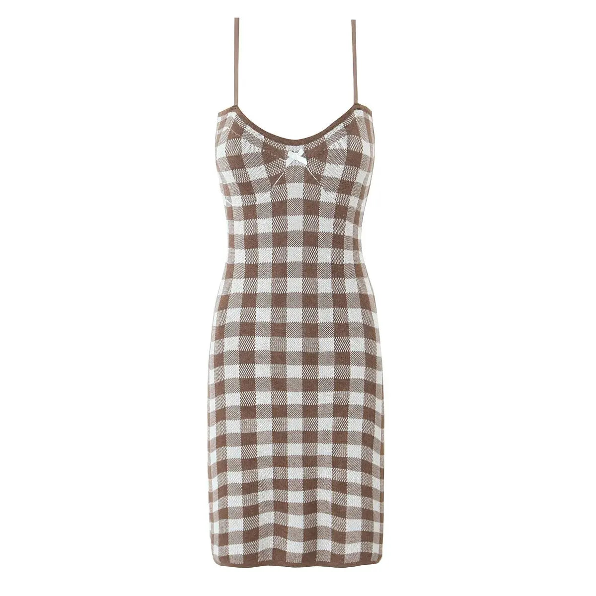 Aiertu  -  Sexy Spaghetti Straps Bow V Neck Knit Plaid Dress Women Summer 2026 Bodycon Mini Dresses Aiertu