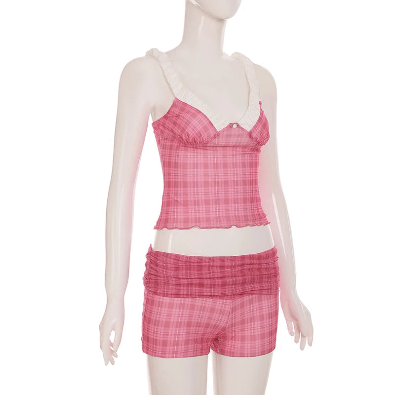 Aiertu  Two-Piece Set Plaid Print Y2K Sexy Camisole and Shorts Outfits for Women Clubwear 90s Fashion Korean Summer Suits Aiertu