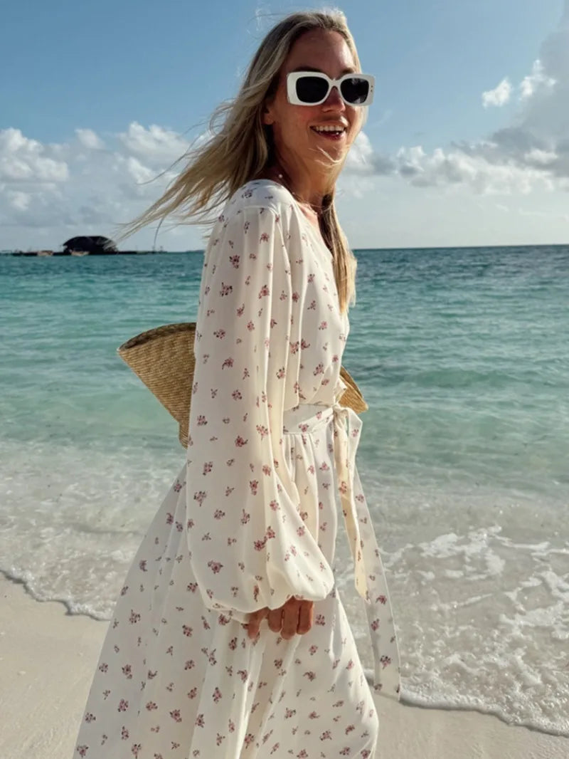 Aiertu  -  New 2026 Autumn Women's V-neck Long Sleeve Floral Print Beach Dress Female Casual Loose Chiffon Long Vacation Dresses with Belt Aiertu