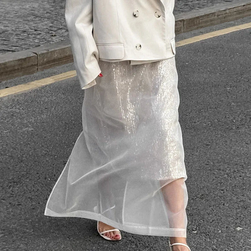 Aiertu  -  Sexy See Through White Mesh Split Skirt Women's High Waist Loose Straigh Midi Skirt Autumn Fashion Hot Girl Party Skirts Aiertu