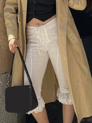 Aiertu  -  Holiday Solid Lace Trim Bandage Knee Length Pants Sweet Slim Mid-Waisted Pants Women 2026 Summer Fashion Streetwear Lady Aiertu