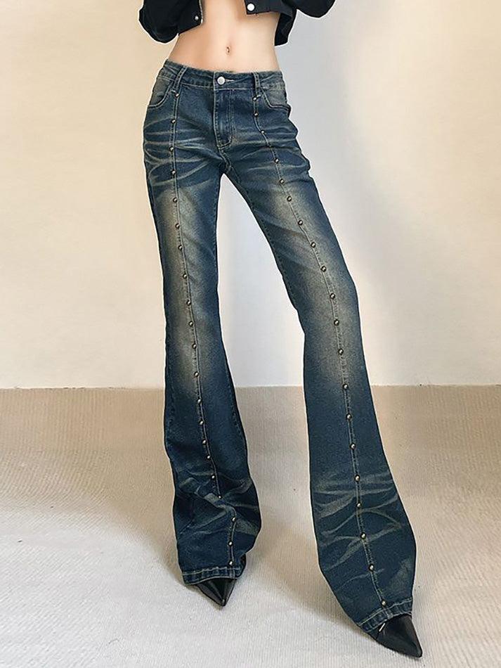 Aiertu  Low Rise Studded Slim-Fit Washed Boot-Cut Jeans Aiertu