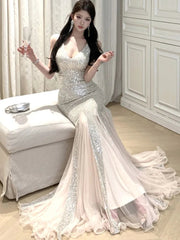 Aiertu  -  Sexy Sequins Mermaid Dress Women Elegant Sleeveless Mesh Patchwork Evening Party Dresses Summer Slim Waist Vestidos Long Robe Aiertu