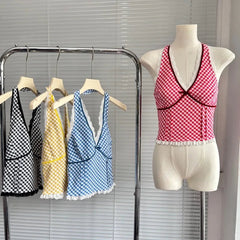 Aiertu  -  Red Plaid Halter Neck Tank Women's Summer Patchwork Lace Sexy Hot Girl Slim Fit Top Fashion Female Clothes Aiertu