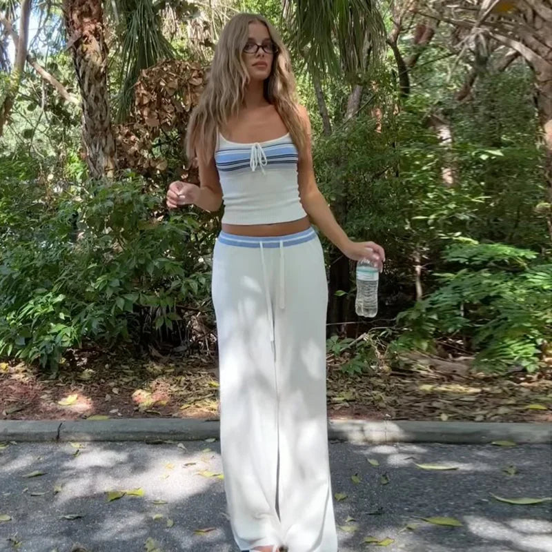 Aiertu  -  Vest 2 Piece Set Women Contrast O-neck Lace Up Sleeveless Top Loose Drawstring Waist Pants Female Suit 2025 Summer Lady Outfits Aiertu