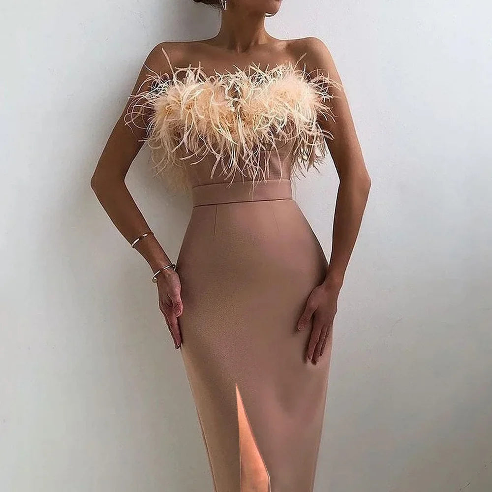 Aiertu  -  New Spring and Summer European and American Women's Dress with Feathered Halter Slim Temperament Package Arm Dress Aiertu