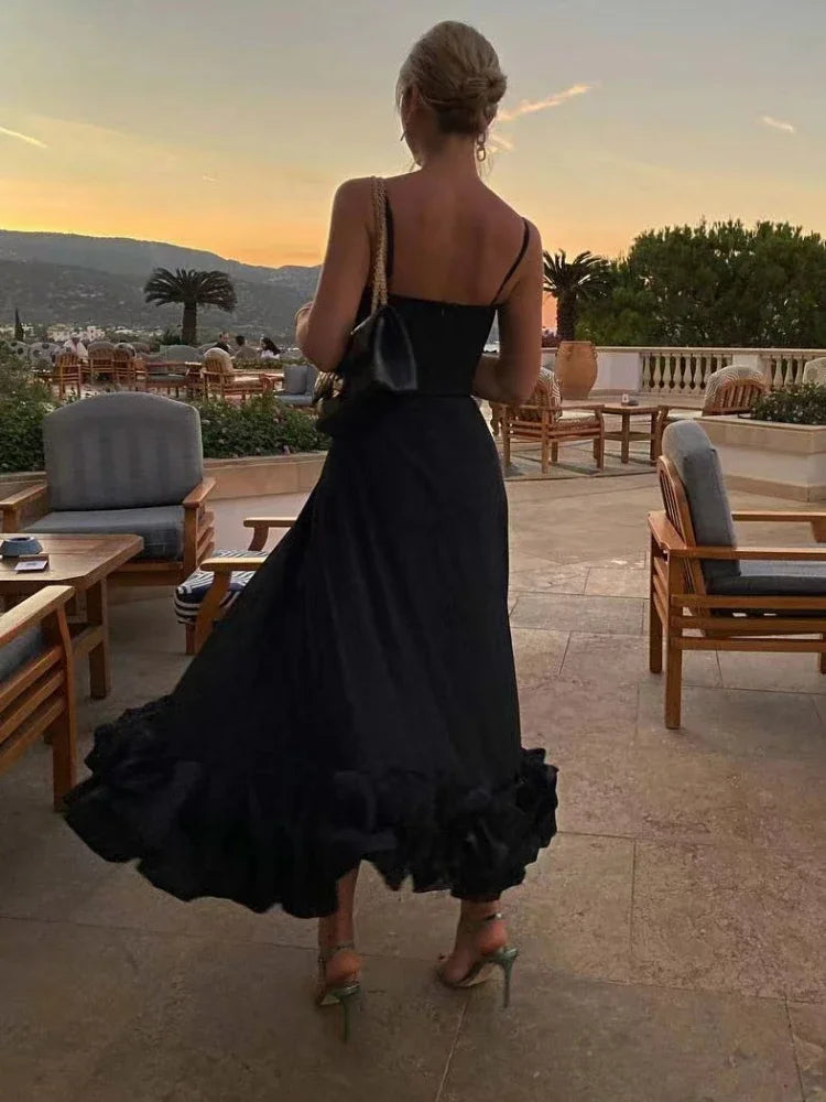 Aiertu  -  Elegant Party Evening Maxi Dresses for Women Spaghetti Strap Backless Sexy Long Summer Dress Ruffles Aline Dress Aiertu