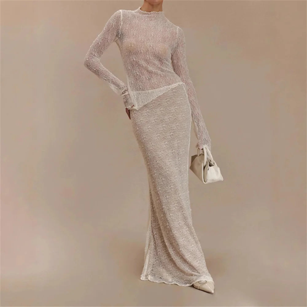 Aiertu  -  Sexy Lace See Through Long Skirt 2 Piece Set Women Solid Half High Collar Long Sleeve Slim Top and Floor Length Skirt Outfit Aiertu