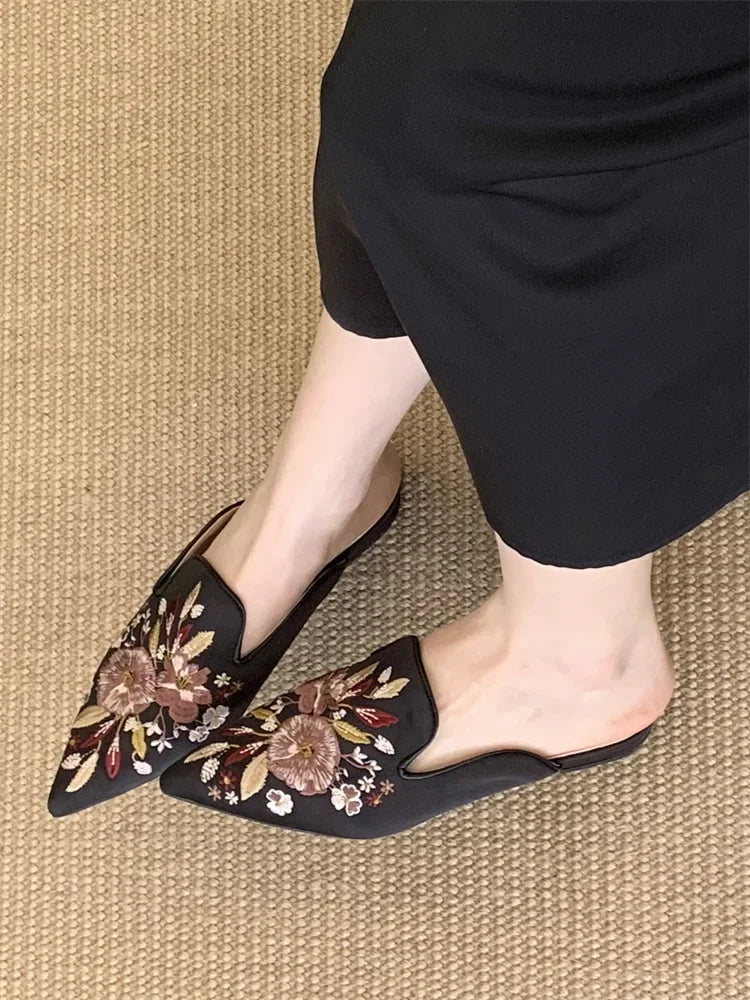 Aiertu  -   Summer Pointed Toe Women Slippers Fashion Vintage Embroidery Square Low Heels Party Dress Mules Shoes Aiertu
