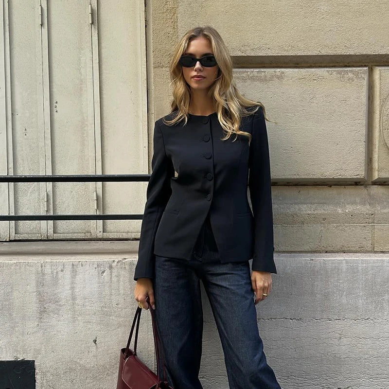 Aiertu  -  Five Button Suit Jacket Coat Short Skirt Set Round Neck Commuting Slim Fit Elegant Outwear Women Overcoat Skirts Formal Attire Aiertu