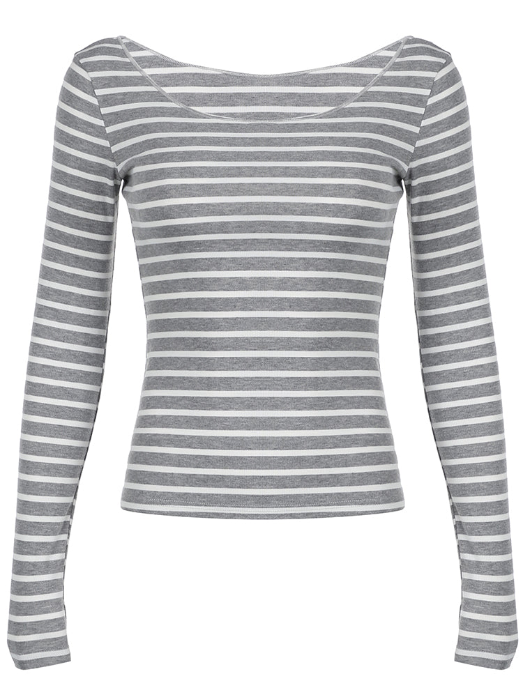 Aiertu - summer inspo Hot Japanese Basic Slim Long Sleeve Stripe Tee Off Shoulder O Neck Korean Street Style Spring Autumn Y2K Gray T Shirt Women Aiertu
