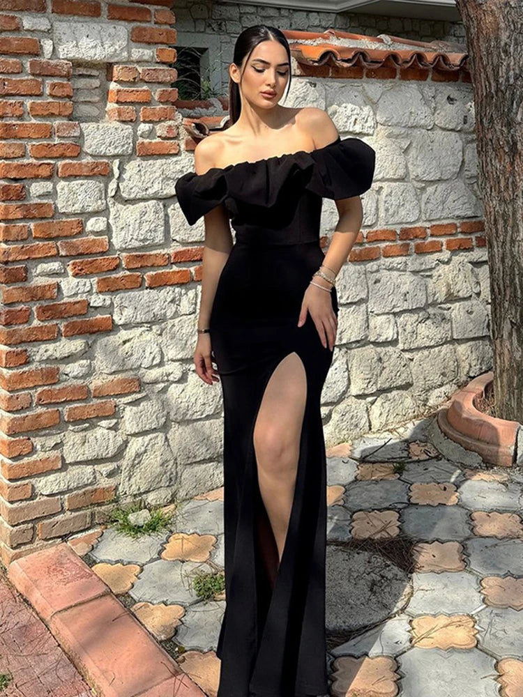 Aiertu  -  layered look inspo Off Shoulder Solid Women Dress Sleeveless Backless Split Lady Dresses Fashion Wave Cut Evening Party Female Maxi Vestidos Aiertu