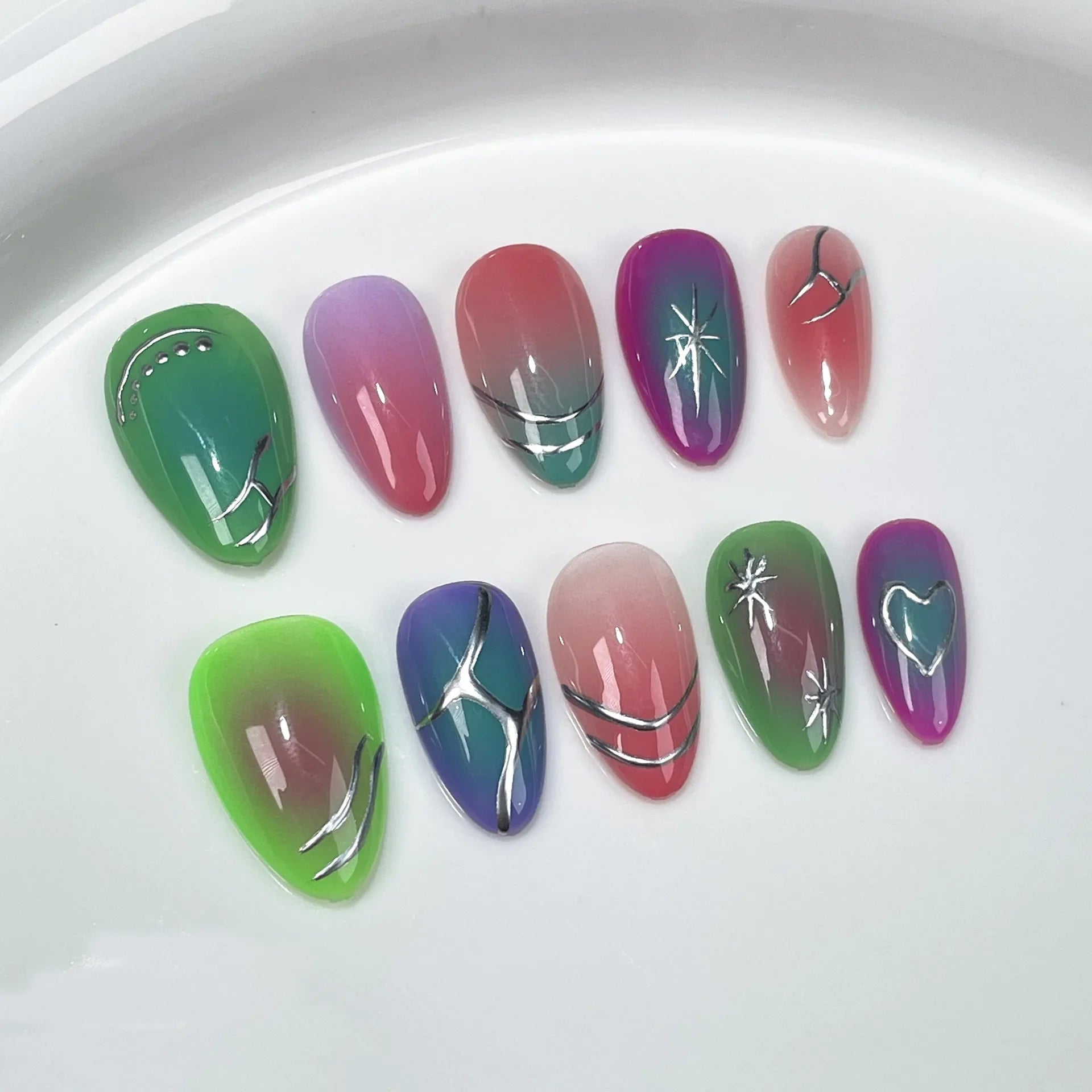 Aiertu 10Pcs Handmade Press on Nails Cat Eye Moon Decorations Aurora False Nails Short Almond Acrylic Wearable Manicure for Spice Girl Aiertu