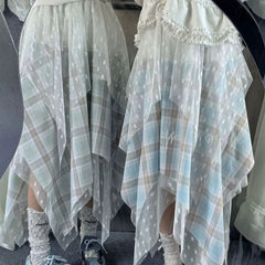 Aiertu  -  Sweet Girl Lace Mesh Skirt Women's Spring Elastic Waist Irregular Plaid A-line Long Skirt Fashion Female Clothes Aiertu