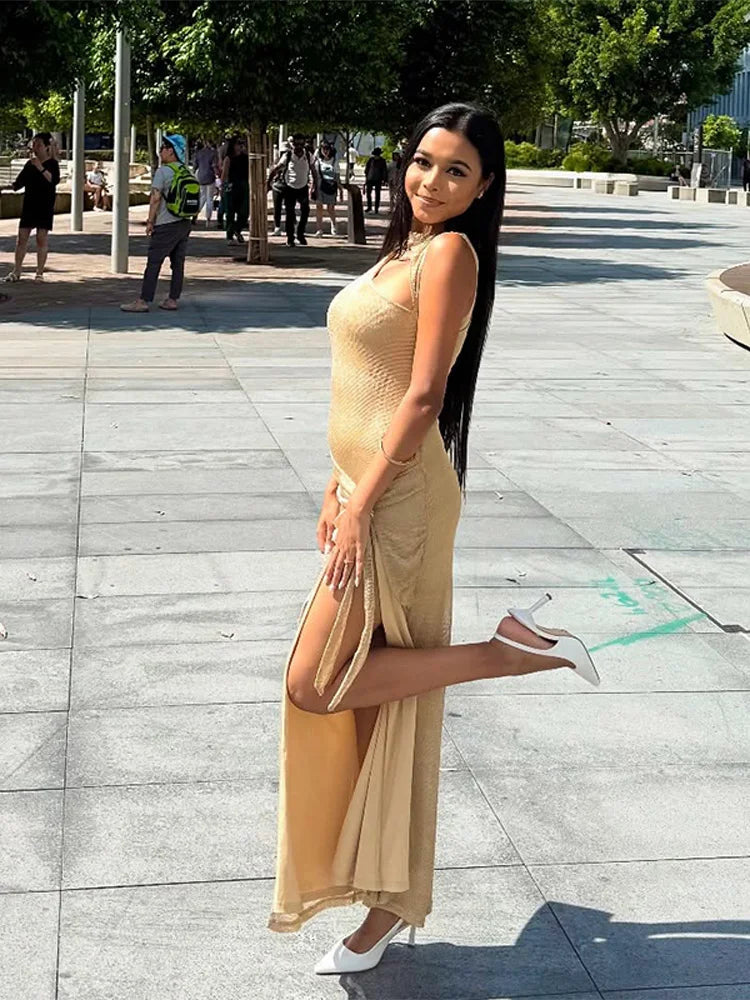 Aiertu  -  Chic Glitter Dress Women O-neck Sleeveless Slim Hip Package Hollow Out Pleated Ankle-length Dresses Female 2025 Spring Lady Robe Aiertu