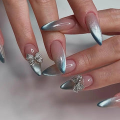 Aiertu  -  24pcs Simple Bow Fake Nails with Shiny Powder Design Long Almond False Nail Diamond Cat's Eye Full Cover Nail Tip Press on Nails Aiertu