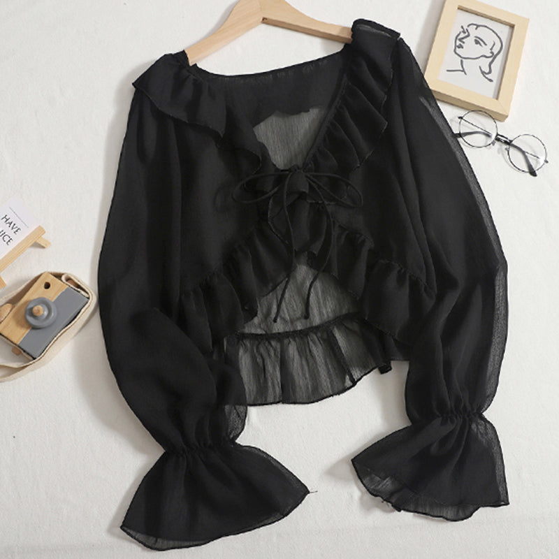 Aiertu Ruffles Chiffon Sun Protection Shirt Women Solid Lace Up Flare Sleeve Sunscreen Blouses Cardigan Loose Casual Thin Tops Aiertu