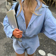 Aiertu  -  Autumn New Long Sleeves Shirt Playsuits For Women Loose Casual Patchwork High Waisted Pants Solid Rompers Female Outfits Aiertu