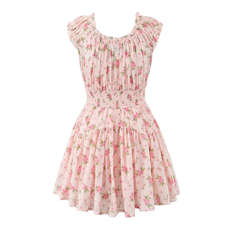 Aiertu  -  Sexy Off Shoulder Pink Floral Print Dress For Women Short Sleeve Elastic Waist Summer Mini Dresses Holiday Robe Aiertu