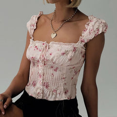 Aiertu  -  Women Vintage Floral Tie-up Camisole Elegant Lady Sleeveless Square Neck Slim Fit Summer Milkmaid Vest for Party Club Crop Tops Aiertu