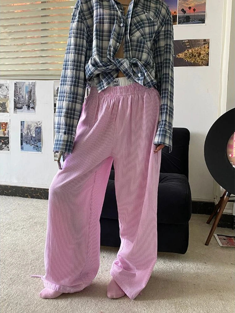 Aiertu  -  Blue Stripe Pants Women Y2k Fake Two Piece Wide Leg Sweatpants Baggy Kpop Sport Trousers Hip Hop Harajuku Summer Bottoms Aiertu