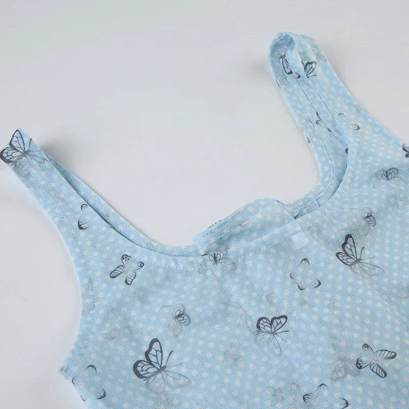 Aiertu  -  Spring Dream Blue Butterfly Printing Contrast Color Mesh Splicing Waist Strap Design Pure Desire Sling Vest Y2K Aiertu