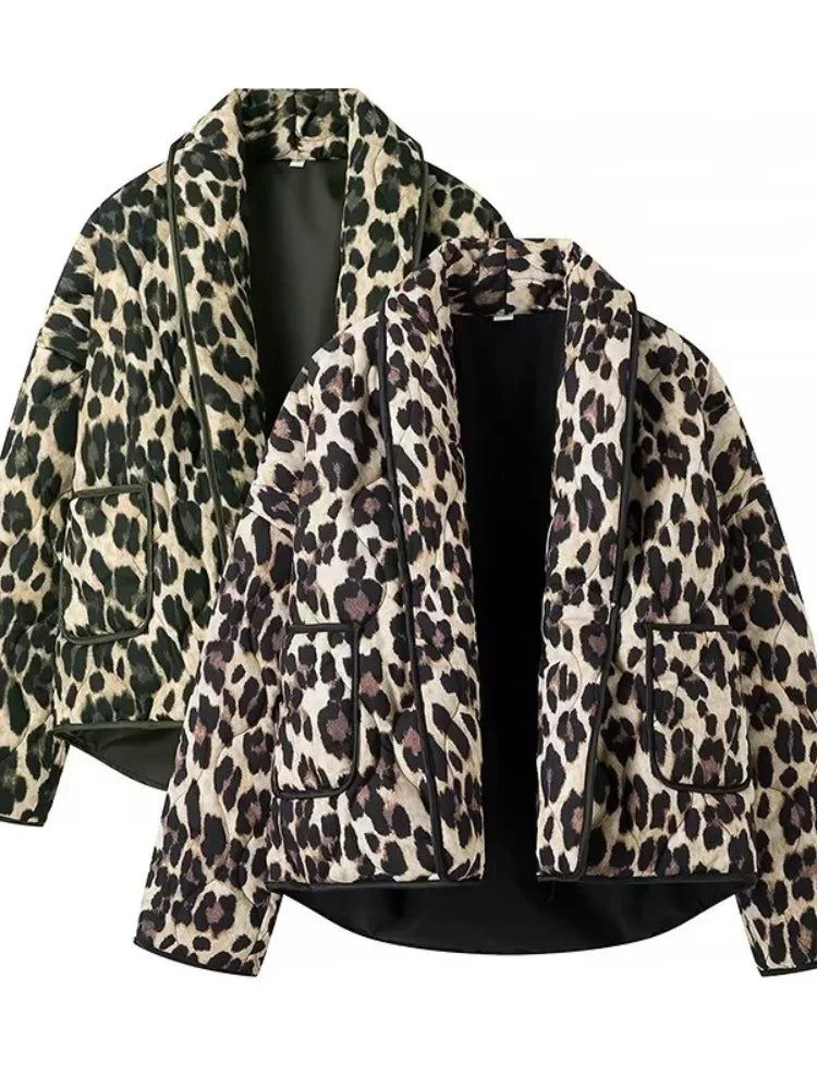 Aiertu  -  Women Casual Leopard Printed Cotton Jacket Fashion Lapel Long Sleeved With Pockets Cardigan 2026 Autumn Winter Lady Chic Coats Aiertu