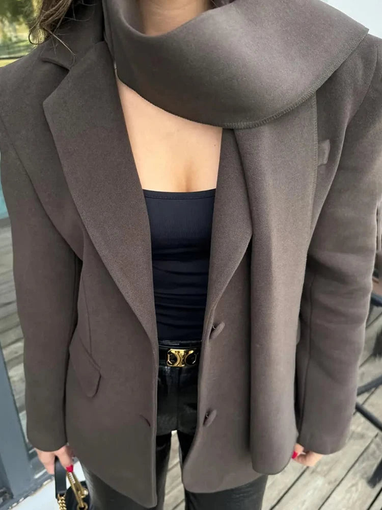 Aiertu  -  Fashion Woolen Blazer Jacket With Scarf Women's Loose Solid Pockets Long Sleeve Suits Coat Office Lady Versatile Outwear Aiertu